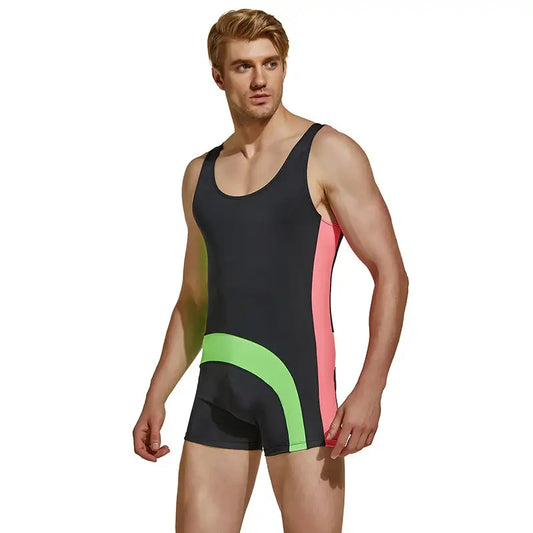 Seobean Men's Pro Wrestling Bodysuit | Black/Green & Navy | 4-Way Stretch 220701
