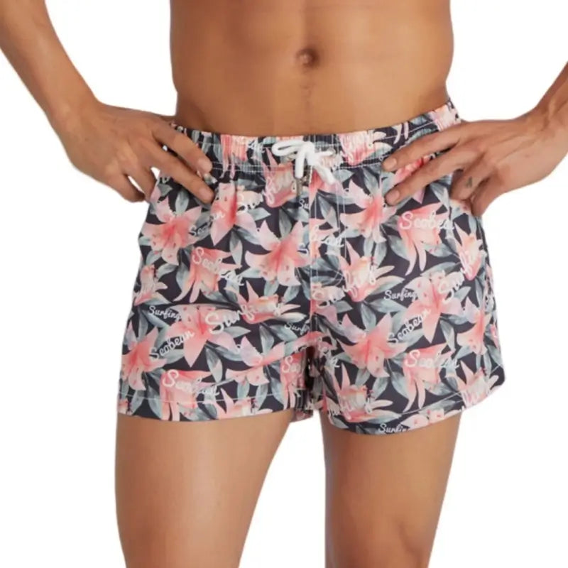Seobean Men's Lily Print Polyester Beach Shorts | Quick-Dry Swim Trunks 221301
