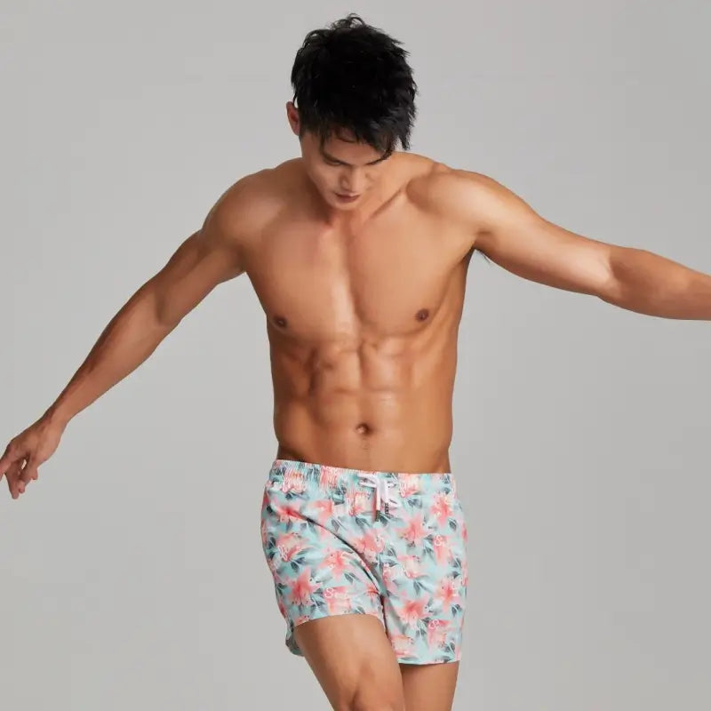 Seobean Men's Lily Print Polyester Beach Shorts | Quick-Dry Swim Trunks 221301