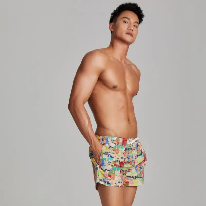 Seobean Men's Lily Print Polyester Beach Shorts | Quick-Dry Swim Trunks 221301