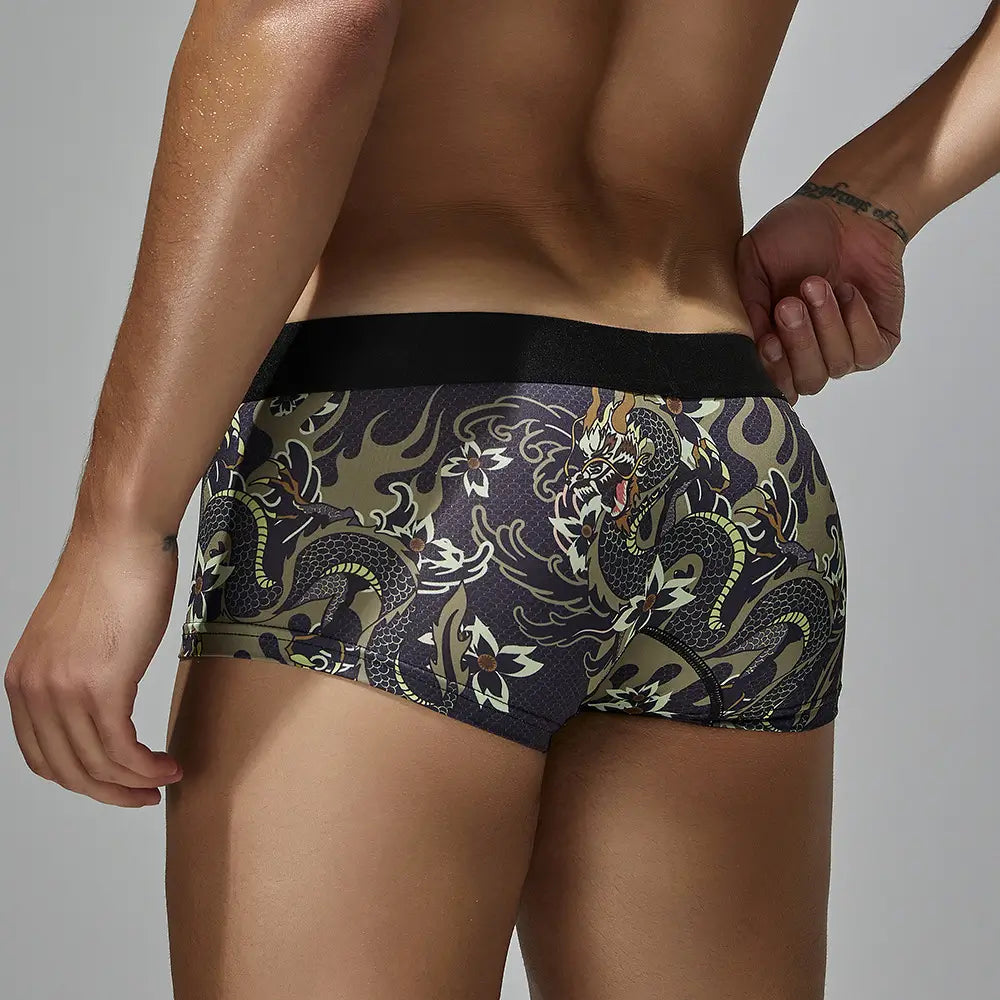 Seobean Men's Dragon Print Boxer Briefs - Low-Rise Pouch Underwear 240204