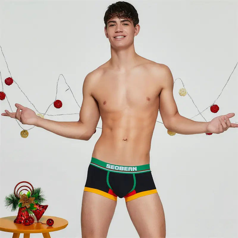 Seobean Merry Christmas Herren-Badehose – Glänzende, bequeme Baumwoll-Badehose 90235