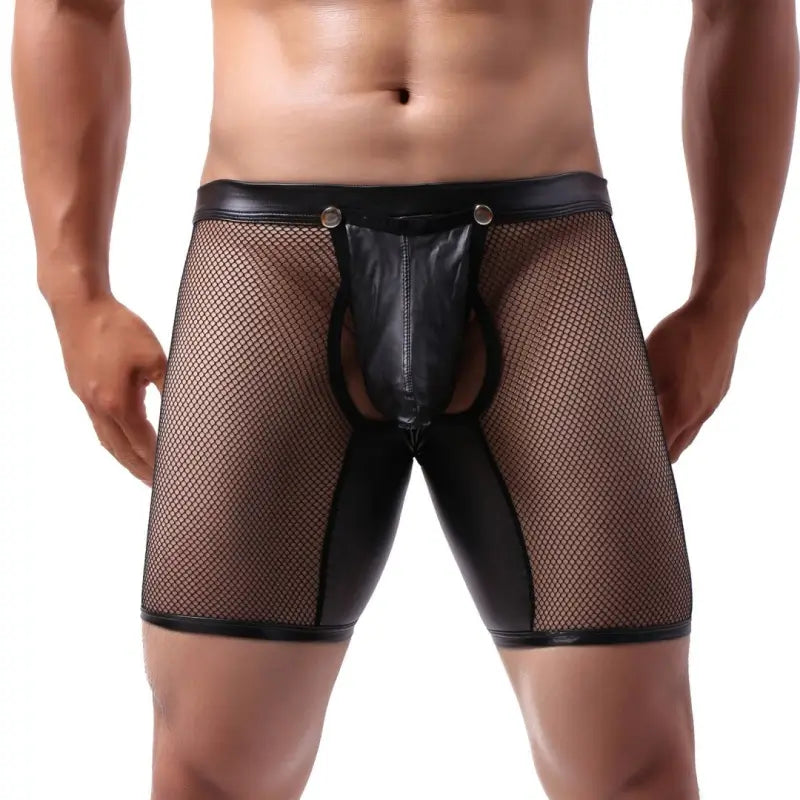 DomiGe Men's Mesh Leather Boxer Briefs with Snap Pouch