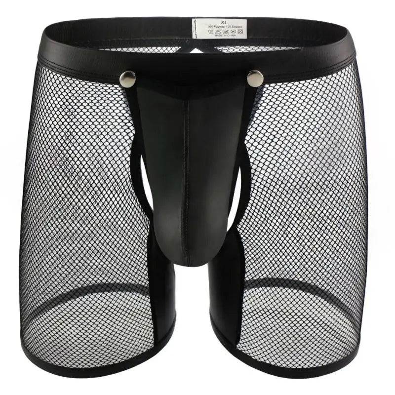 DomiGe Men's Mesh Leather Boxer Briefs with Snap Pouch