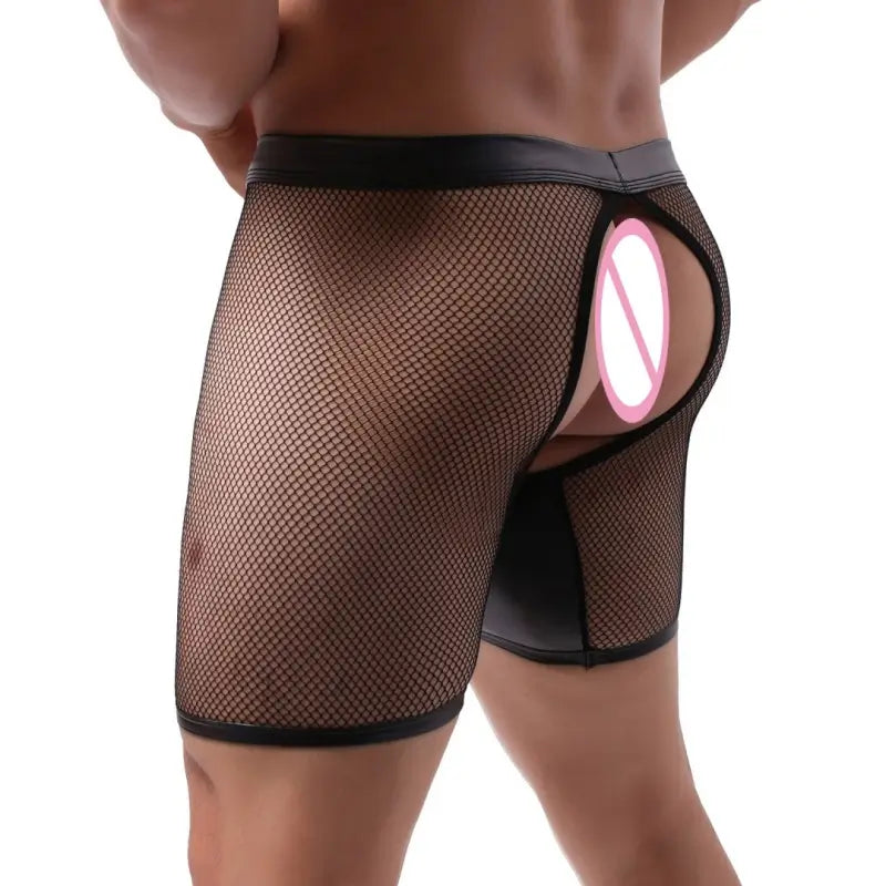 DomiGe Men's Mesh Leather Boxer Briefs with Snap Pouch