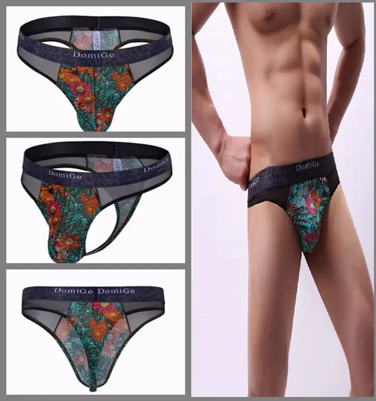 DomiGe Herren-Unterwäsche aus Spitze, Tanga, blaues Blumenmuster, atmungsaktiv, bequem