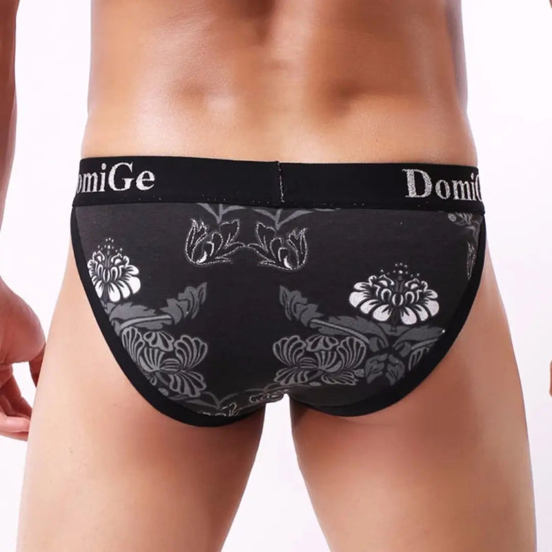 DomiGe black cotton bikini briefs back view — full rear coverage with 3.5cm silver logo waistband