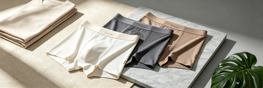 DomiGe men's Modal trunks flat lay in sand and charcoal, soft daylight