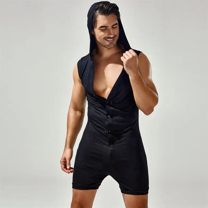 Tauwell Men's Sleeveless Hooded Bodysuit Adjustable V-Neck 23702