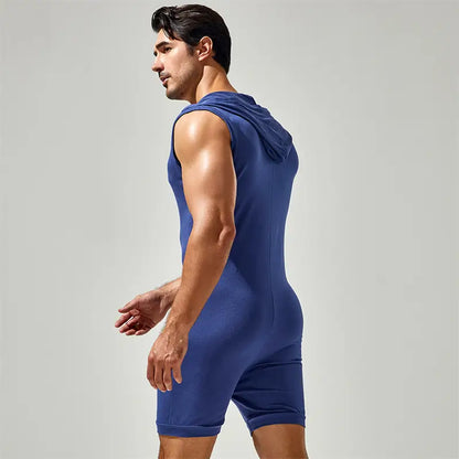 Tauwell Men's Sleeveless Hooded Bodysuit Adjustable V-Neck 23702