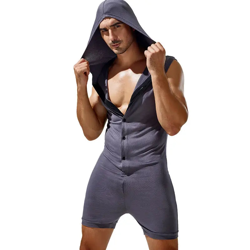 Tauwell Men's Sleeveless Hooded Bodysuit Adjustable V-Neck 23702