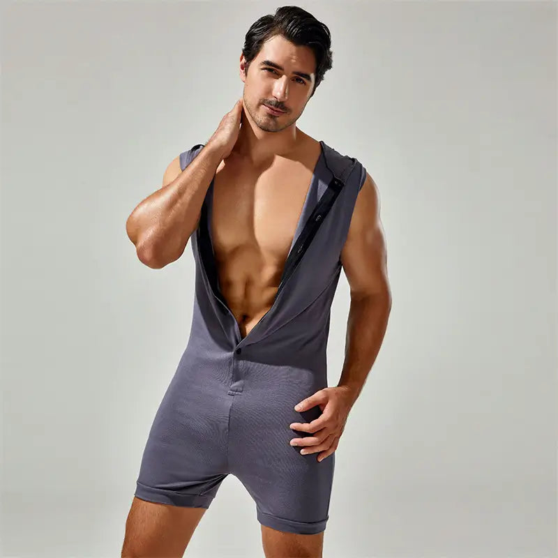 Tauwell Men's Sleeveless Hooded Bodysuit Adjustable V-Neck 23702