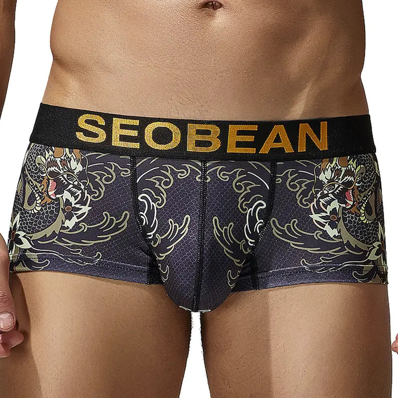 ‌Seobean Men's Dragon Print Boxer Briefs - Low-Rise Pouch Underwear‌ 240204