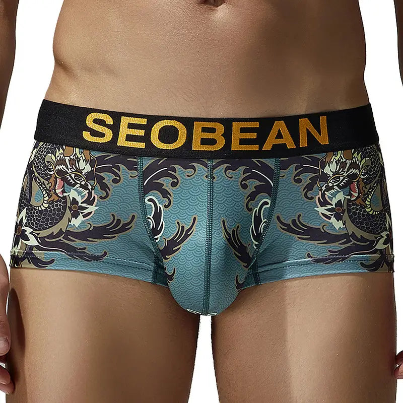 ‌Seobean Men's Dragon Print Boxer Briefs - Low-Rise Pouch Underwear‌ 240204