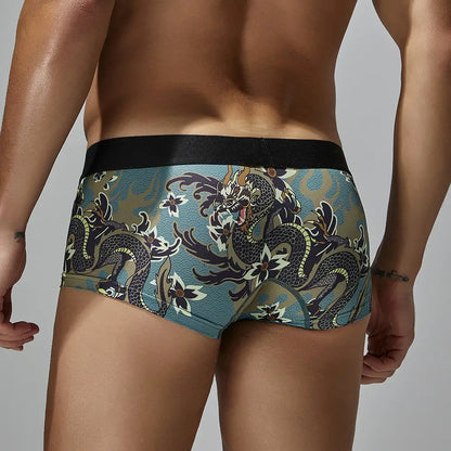 ‌Seobean Men's Dragon Print Boxer Briefs - Low-Rise Pouch Underwear‌ 240204