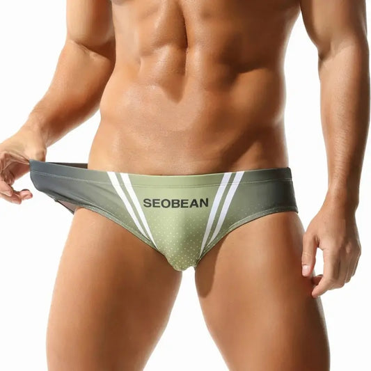 Seobean Men's Swim Briefs – Olive Green Athletic Fit with Stripes & Dots 250901