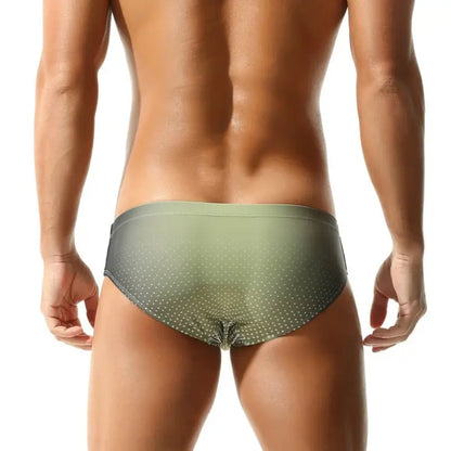 Seobean Men's Swim Briefs – Olive Green Athletic Fit with Stripes & Dots 250901