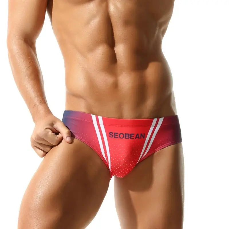 Seobean Men's Swim Briefs – Olive Green Athletic Fit with Stripes & Dots 250901