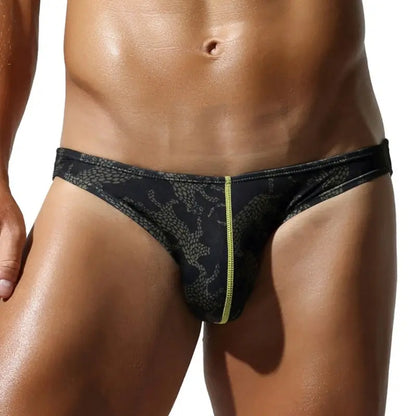 Black leopard print low rise bikini briefs, front view - SEOBEAN 260103 men's underwear, contour pouch