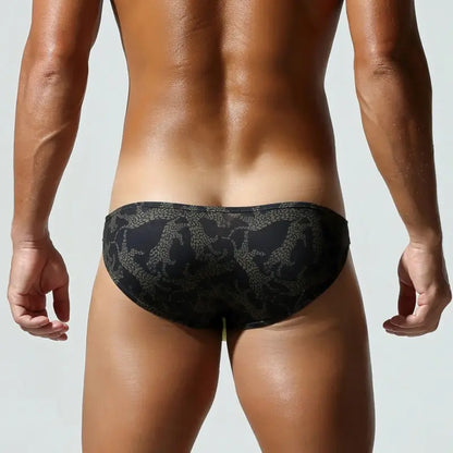 Black leopard print bikini briefs, rear view - SEOBEAN 260103 low rise brief, full coverage back