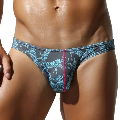 Grey leopard print low rise bikini briefs, front view - SEOBEAN 260103 men's underwear, contour pouch