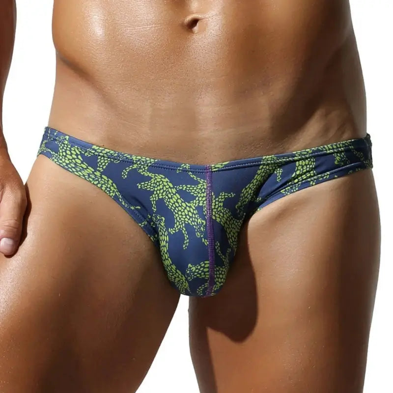 Navy leopard print low rise bikini briefs, front view - SEOBEAN 260103 men's underwear, contour pouch