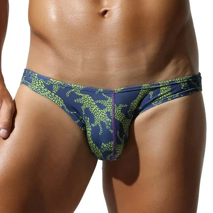 Navy leopard print low rise bikini briefs, front view - SEOBEAN 260103 men's underwear, contour pouch