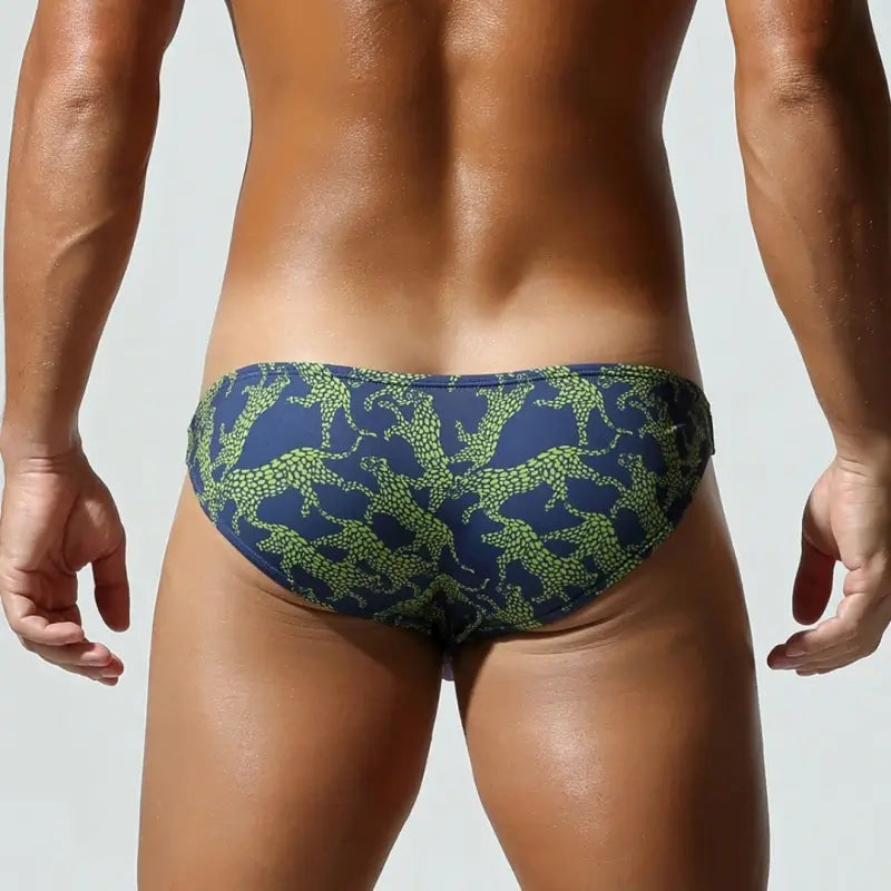 Navy leopard print bikini briefs, rear view - SEOBEAN 260103 low rise brief, full coverage back