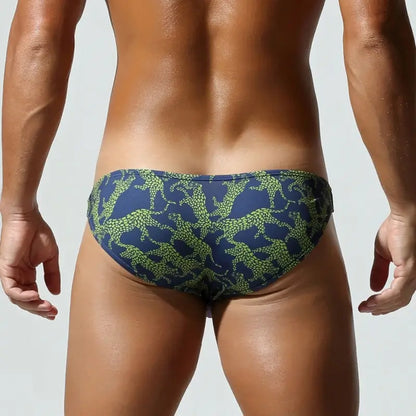 Navy leopard print bikini briefs, rear view - SEOBEAN 260103 low rise brief, full coverage back