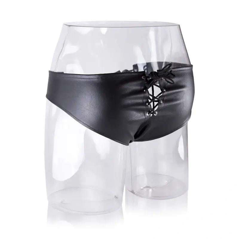 DomiGe Lace-Up Leather Brief for Men – Black Fetish Thong Underwear