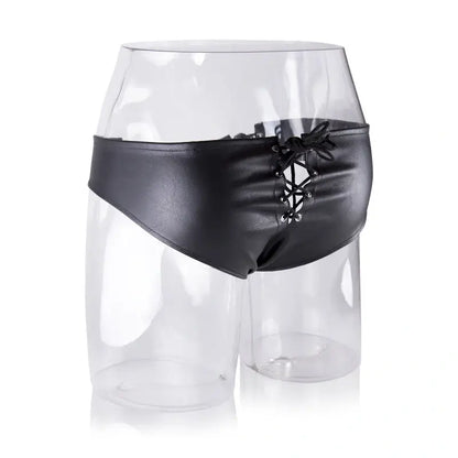 DomiGe Lace-Up Leather Brief for Men – Black Fetish Thong Underwear