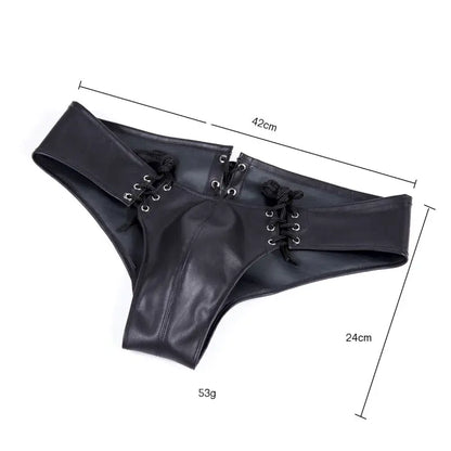 DomiGe Lace-Up Leather Brief for Men – Black Fetish Thong Underwear