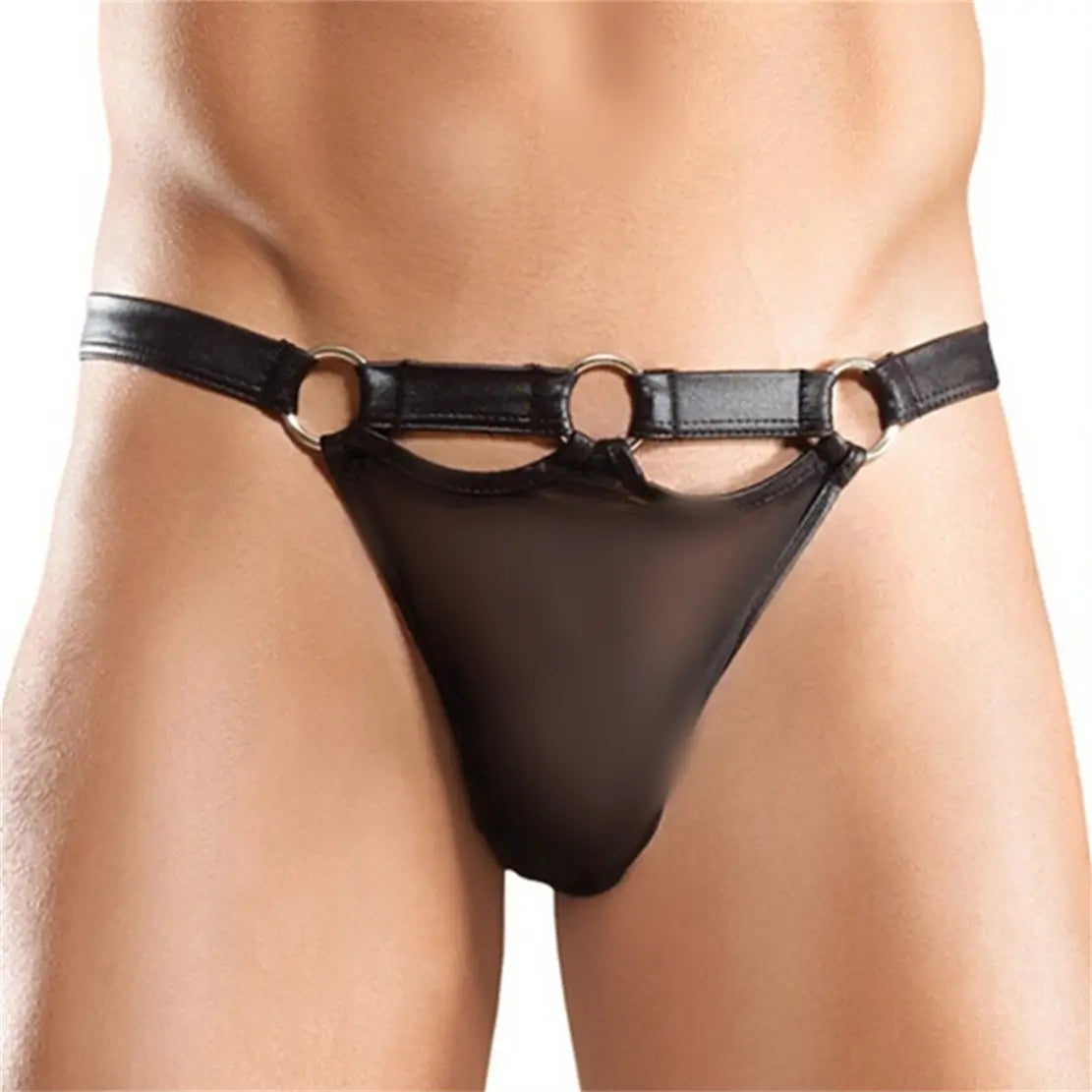 DomiGe Men's Sexy Leather Briefs - Faux Leather BDSM Underwear for Men with Metal Ring Design