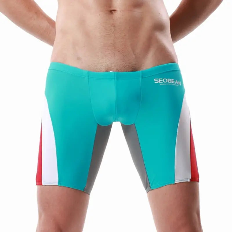 Seobean Men's Compression Swimwear - Stylish Long Flat-Front Swim Shorts 50814