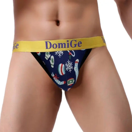 DomiGe Christmas Jockstrap Men's Festive Underwear Yellow Waistband Navy Print