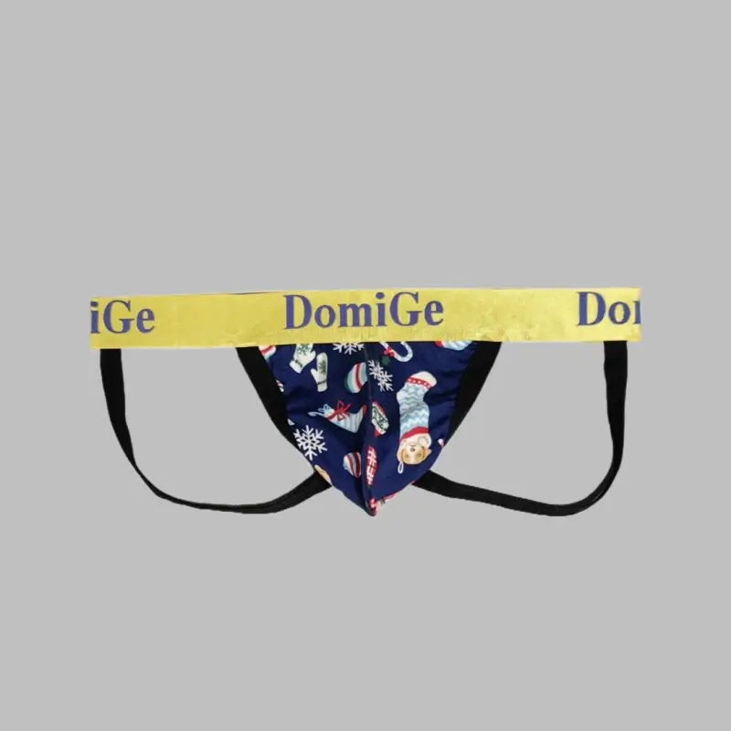 DomiGe Christmas Jockstrap Men's Festive Underwear Yellow Waistband Navy Print