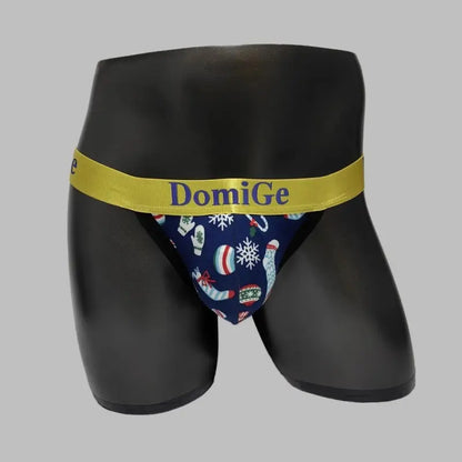 DomiGe Christmas Jockstrap Men's Festive Underwear Yellow Waistband Navy Print
