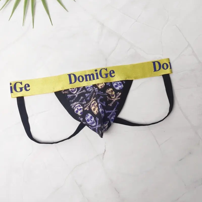 DomiGe Skull Jockstrap Men's Black Crossbones Print Yellow Waistband Underwear