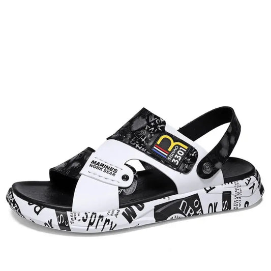 Men's Military Graphic Sandals - Black & White Designer Sliders w/Traction