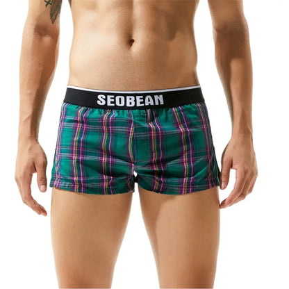 Seobean Men's Cotton Checked Boxer Shorts - Breathable Underwear 70505