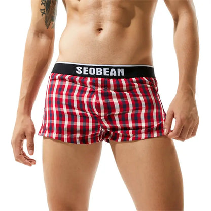 Seobean Men's Cotton Checked Boxer Shorts - Breathable Underwear 70505