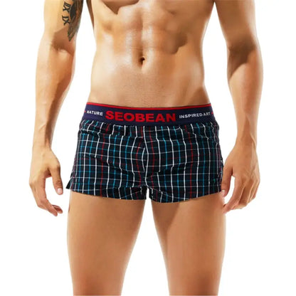 Seobean Men's Fashionable Grid Boxer Shorts - 100% Cotton 80501