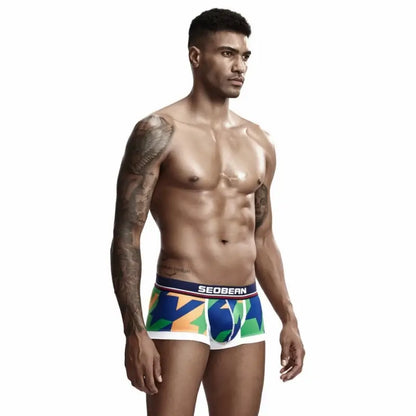 Seobean Low Rise Boxer Briefs Men Sexy Geometric Pattern Breathable Underwear 90225
