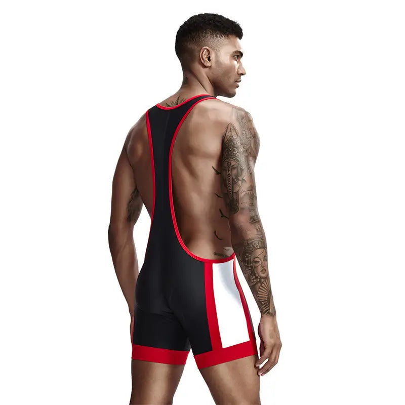 Tauwell Men's Athletic Bodysuit - Black/Red Performance Singlet 9701