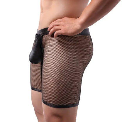 DomiGe Men's Mesh Leather Boxer Briefs with Snap Pouch
