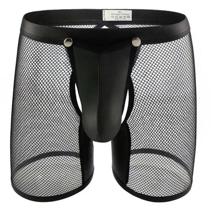 DomiGe Men's Mesh Leather Boxer Briefs with Snap Pouch