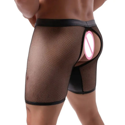 DomiGe Men's Mesh Leather Boxer Briefs with Snap Pouch