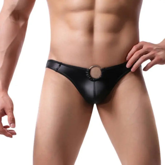 DomiGe Men's Thong: Sleek Black T-Back Underwear with Metal Ring CMF610