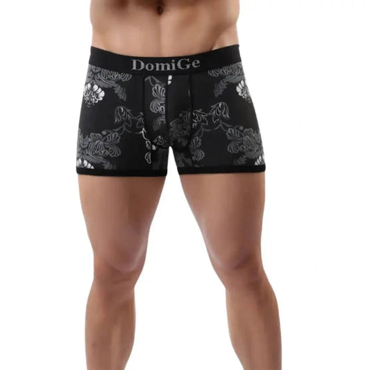 DomiGe Men's Black Floral Print Cotton Stretch Boxer Shorts with Contour Pouch Front View