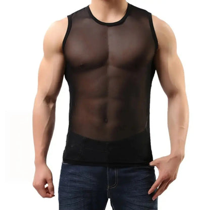 DomiGe Men's Sheer Sexy Shirt -Transparent Stretch Top Black Front View